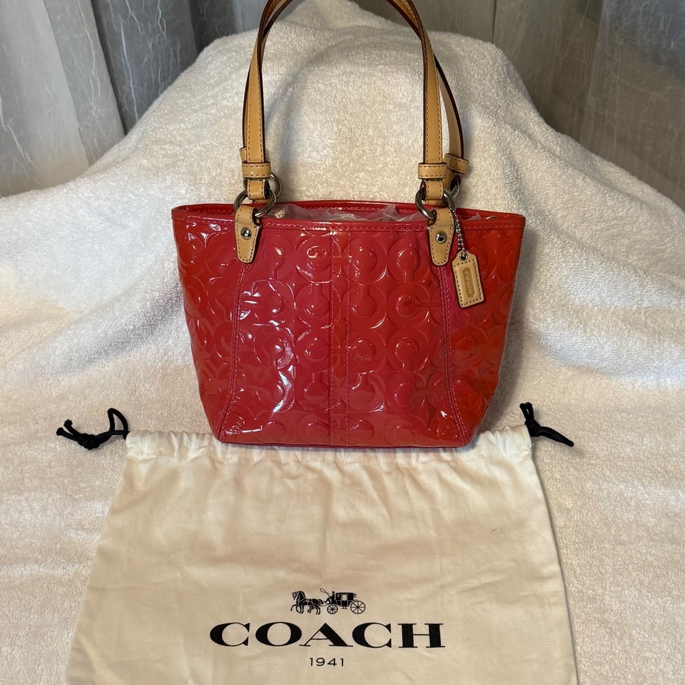 Coach Reddish Pink Mini Patent Leather Shoulder Tote with Vachetta Handles